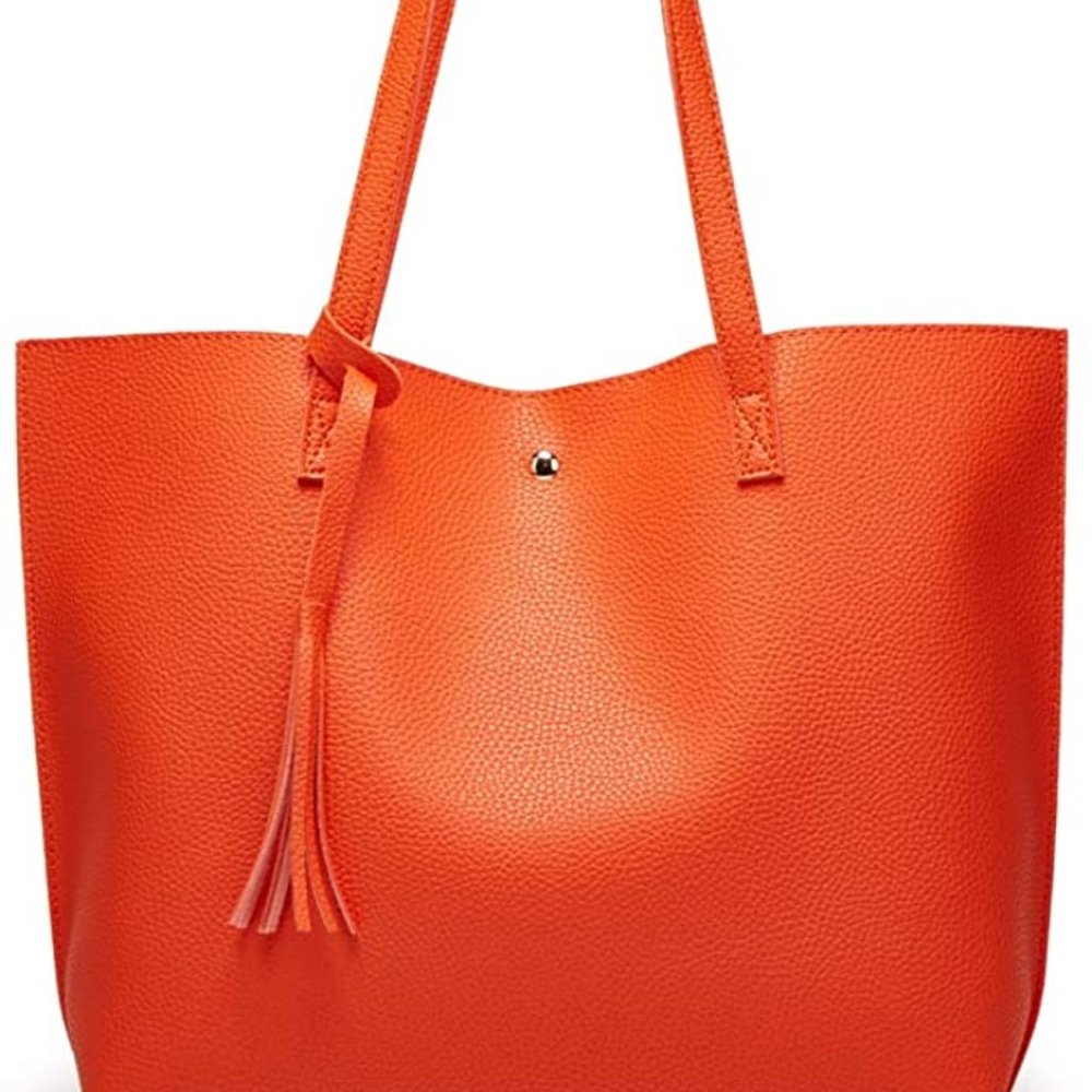 Bright Orange Faux Leather Soft Tote Bag with Tassel